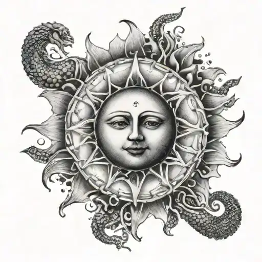 A Dotwork Tattoo Of A Sun With Snake Motifs Representing The Cycle Of Life And Death