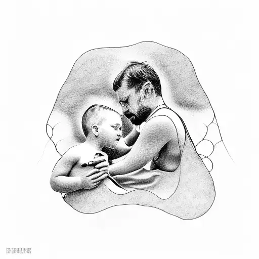 A Dotwork Tattoo Of A Father And Child Embracing