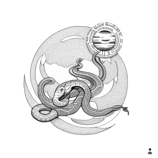 Snake Surrounded By The Moon And The Sun Next Flowers