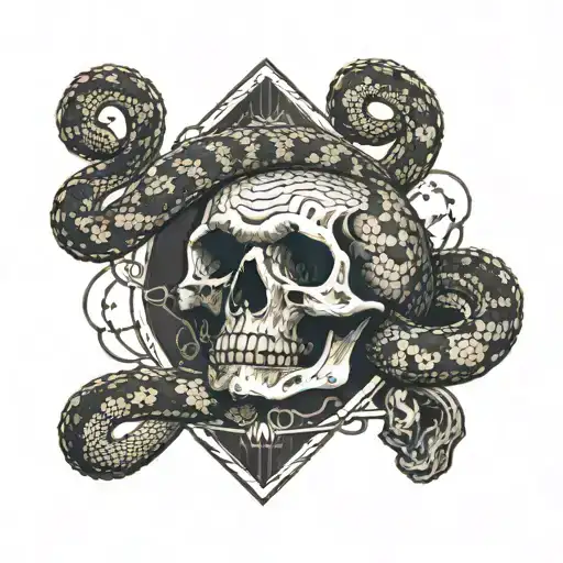 A Rattlesnake Coiled Around A Skull With A Milwaukee Landmark In The Background