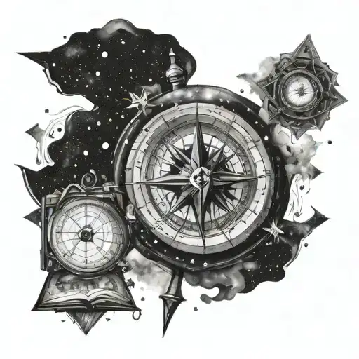 A Compass Cpim Symbol Surrounded By A Swirling Galaxy Of Books