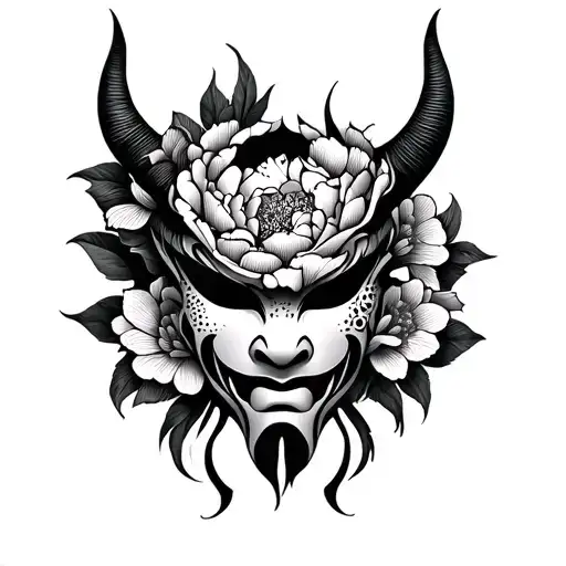 Oni Mask With Peonie Flowers In Negative Space