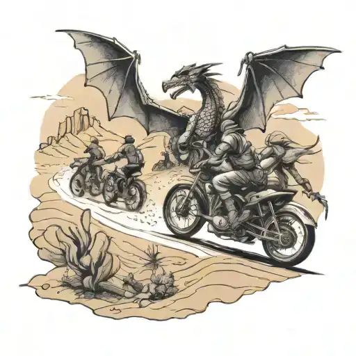A Group Of Bikers Racing Through A Desert Landscape With A Giant Dragon Flying Overhead