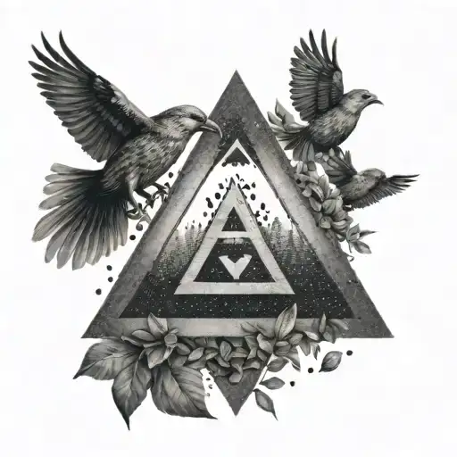 A Valknut Symbol Surrounded By Birds In A Dotwork Style