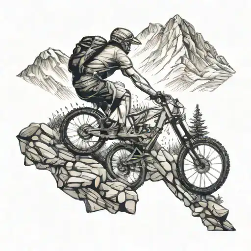 An Intricate Tattoo Design Featuring A Mountain Biker Navigating Through A Rugged Mountain Terrain
