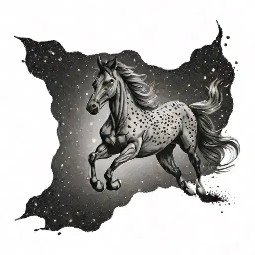 A Tattoo Featuring A Horse Galloping Under A Night Sky Filled With Stars