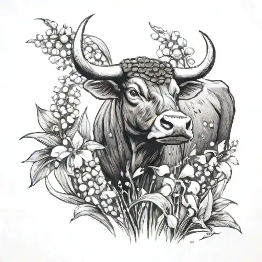 Bull In Field Of Lily Of The Valley