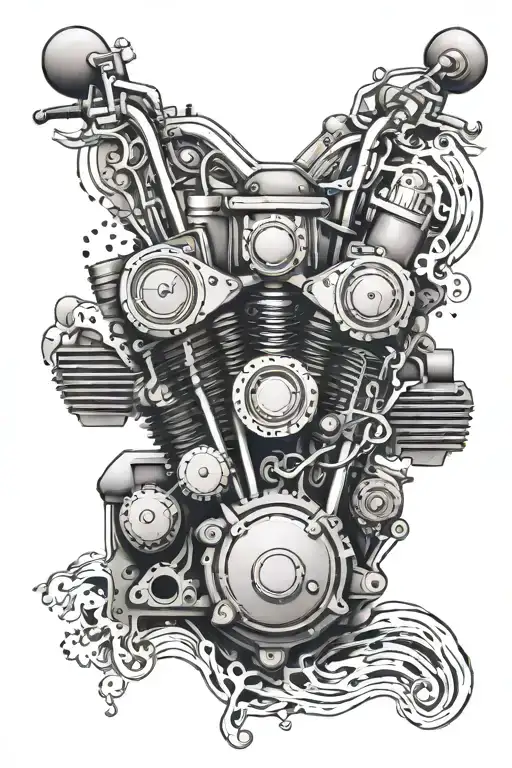 A Motorcycle Engine With Mountain Scenery And Musical Notes Flowing Out Of The Exhaust Pipes