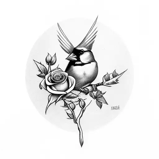 Male Cardinal Bird Holding A Rose