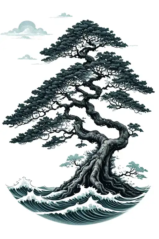 A Large Bonzai Tree Rooting In A Cloud Above The Waves