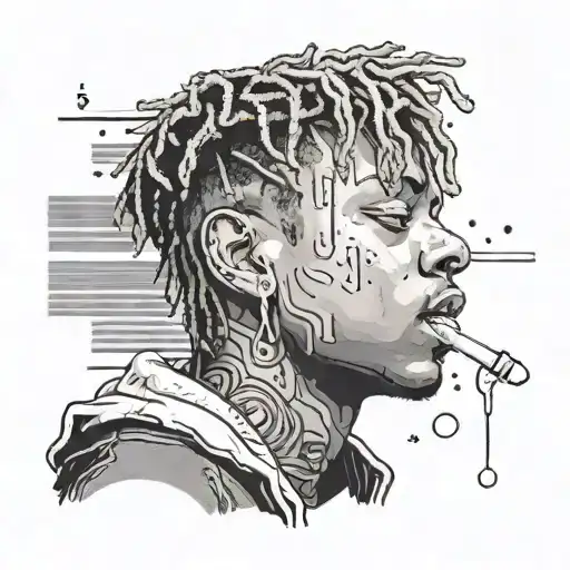 Create A Dotwork Portrait Of Juice Wrld With A Hidden Message In The Background Related To His Music