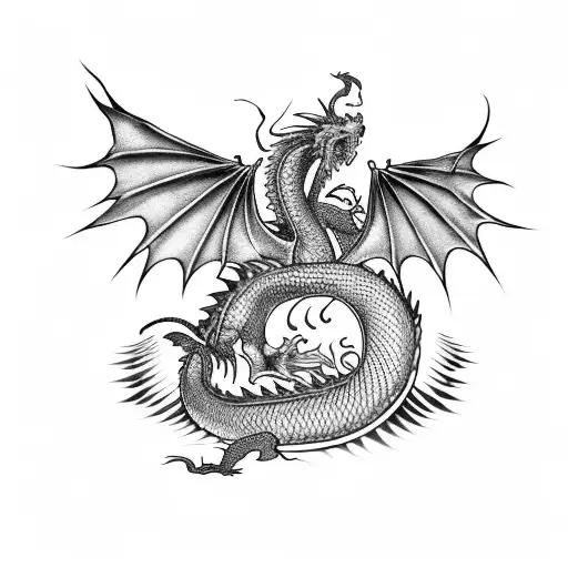 Dragon Whose Wings Are Closed Because He Holds On To Chrysanthemum