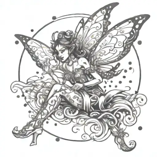 A Tattoo Design Of A Mystical Cleaning Fairy Surrounded By Swirling Dots In A Dotwork Style