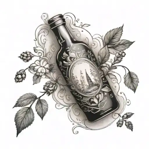 An Intricate Dotwork Tattoo Of A Bottle Of Alcohol Surrounded By Nature Elements