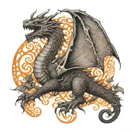 An Intricate Dotwork Tattoo Of A Dragon Weaving Through A Forest Of Orange Trees