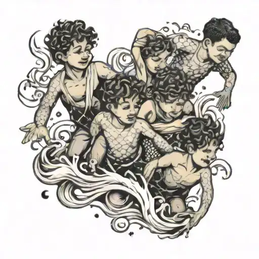 A Quilted Design Of Three Boys Playing In The Ocean