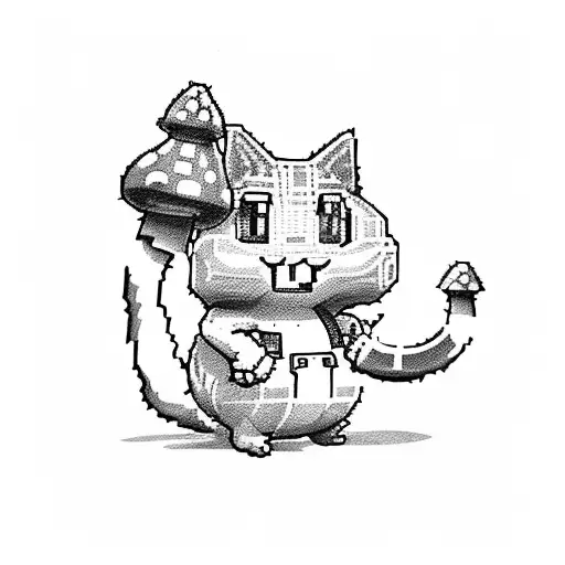 A Dotwork Tattoo Of A Pixelated Cat With A Super Mario Power-up Mushroom On Its Head