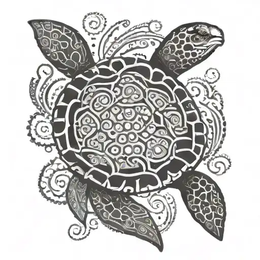 Abstract Dotwork Tattoo Of A Turtle Swimming In A Tribal Polynesian Ocean