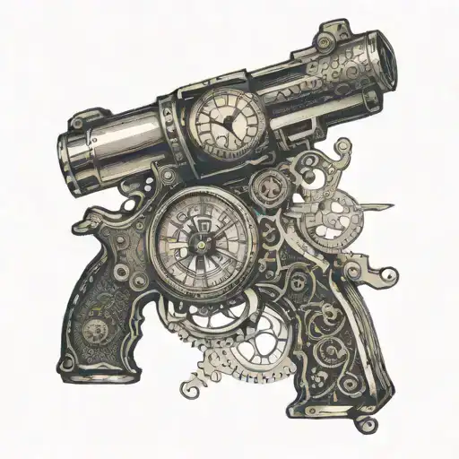 A Vintage Revolver With A Pocket Watch And Compass Elements In A Dotwork Style