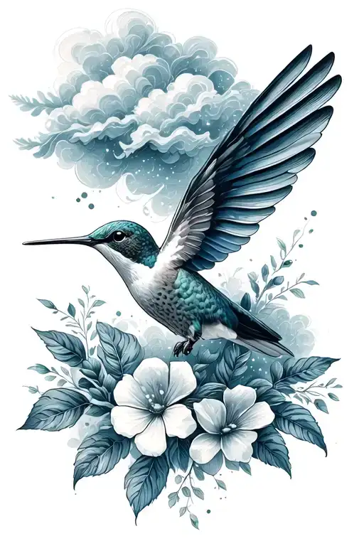 Hummingbird Flying With Floral Design And Fluffy Clouds