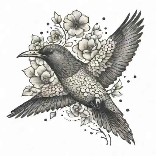 A Dotwork Design Of A Bird Flying Over A Field Of Blooming Flowers With A Paintbrush In Its Beak