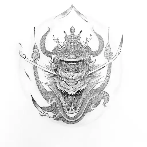 Samurai With Dragon Above His Head And Tail Aroud Body
