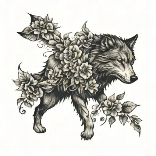 Wolf With Skull Wearing And Flowers