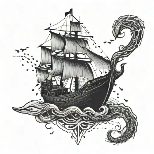 An Abstract Interpretation Of A Sea Creature Intertwined With A Tree On A Boat