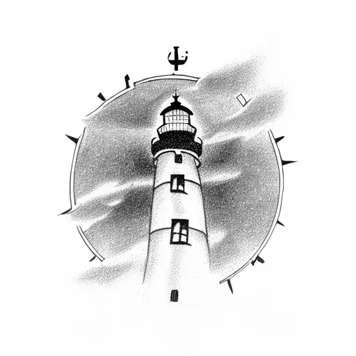 Lighthouse With Light Shining And Compass And Boat Anchor Covering The Base Of The Lighthouse