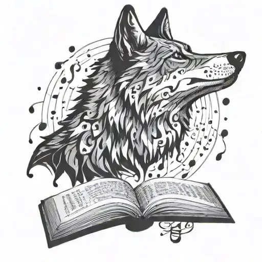 A Silhouette Of A Wolf Howling With Music Notes And Book Pages Floating Around It