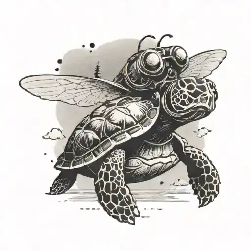 A Bee Wearing Aviator Goggles Flying Over A Turtle Sunbathing On A Beach Chair