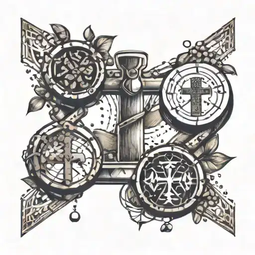 An Intricate Design Of Weights Intertwined With Coffee Beans And A Cross Symbol