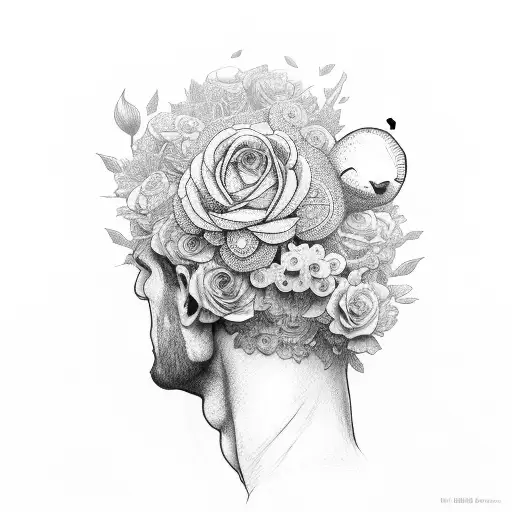 A Men With Flowers As A Head Full Body Wearing A Turtle Beckham And With A Iol Lamp On His Hand