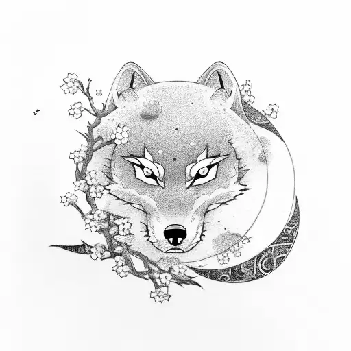 Cherry Blossom And A Ninja Wolf And A Moon