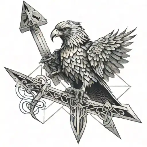 Abstract Geometric Eagle Perched On A Sword With Intricate Linework