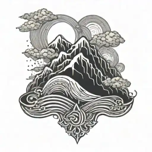 An Intricate Design Combining Waves And Mountains With A Christian Symbol Integrated