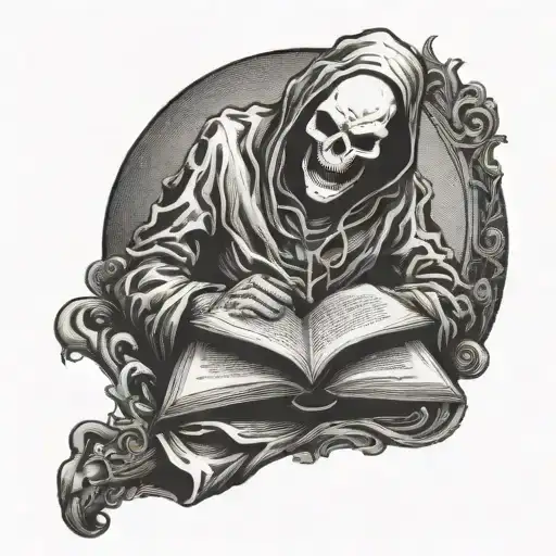 A Ghostly Figure Reading A Scary Book With A Sinister Smile