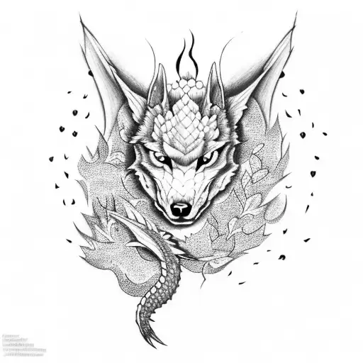 Dragon With Cherry Blossom And A Wolf