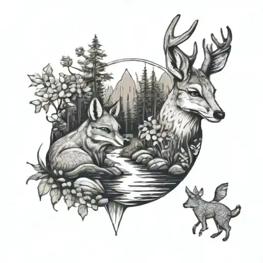 A Fox And A Deer Drinking From A Stream In A Lush Forest Setting