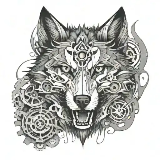 Mechanical Gears Forming A Wolf's Face With Fire Elements Intertwined