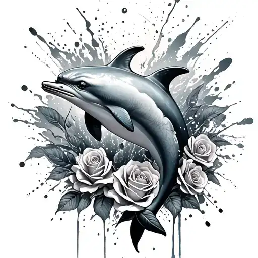 A Black And Grey Tattoo Of Dolphins Swimming In A Sea Of Paint Splatters With Roses Intertwined