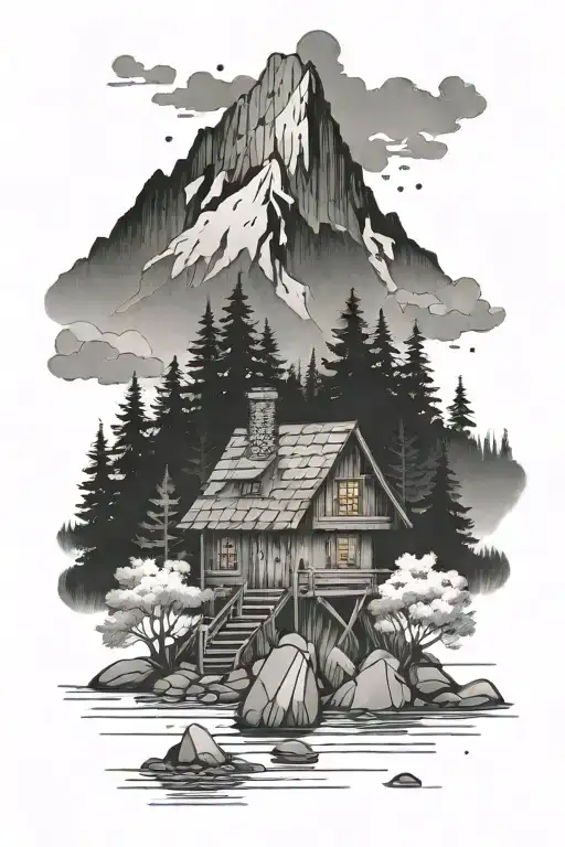Cabin Beside A River In A Forest Below A Mountain