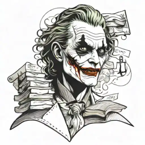 A Haunting Portrait Of The Joker Surrounded By Books And Symbols Of Madness