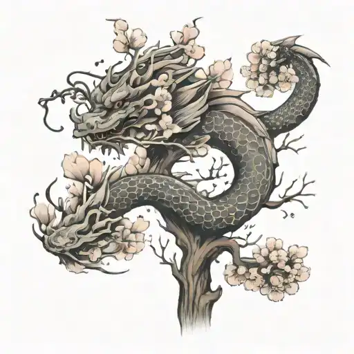 Japanese Cherry Blossom Tree With A Dragon Wrapped Around It