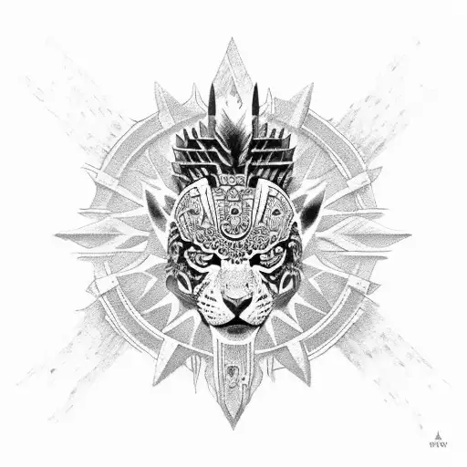 Aztec Jaguar Warrior And Sun Pyramid