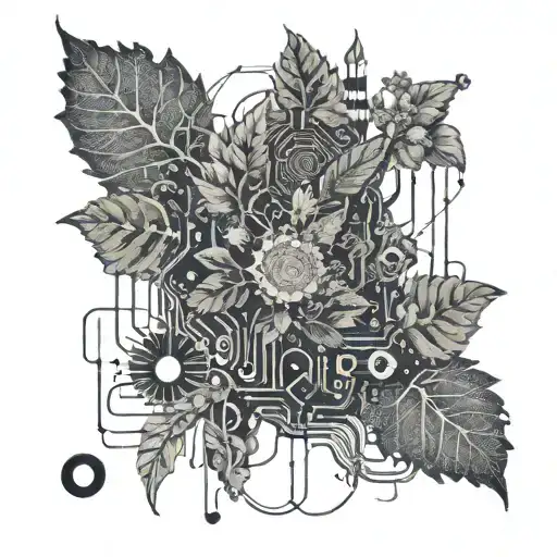 An Intricate Circuit Board Design Incorporating Elements Of Nature Like Plants And Flowers