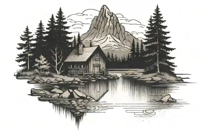 Cabin Beside A River In A Forest Below A Mountain