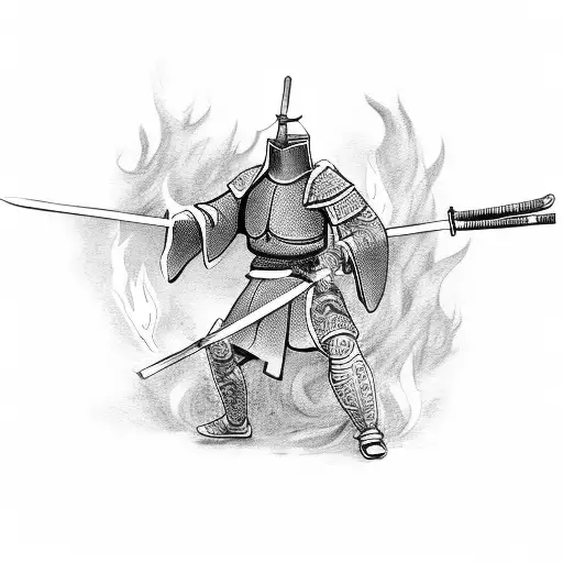 Japanese Knight Holding A Fire Sword