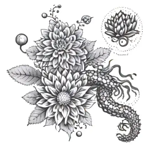 Black And White Incorporating A Chrysthanthemum And The Scorpio Symbol With Line And Dot Work