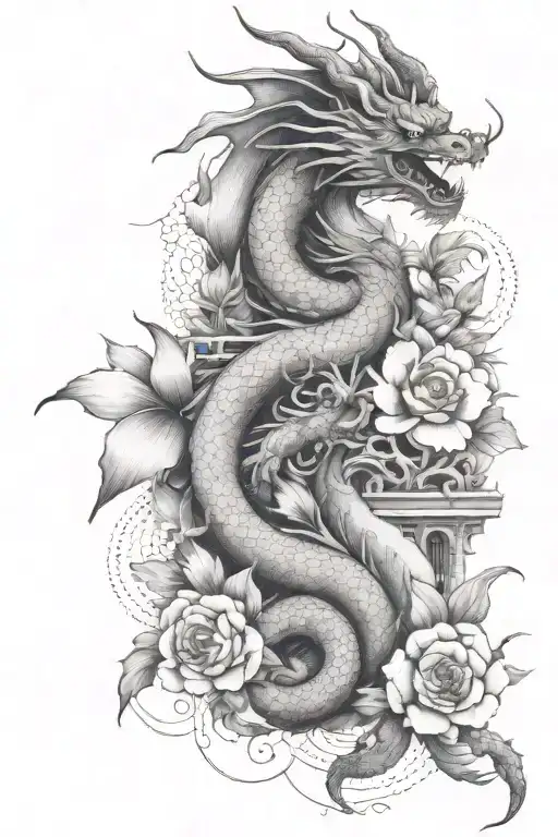 Flowers With Chinese Dragon And Abstract Architecture